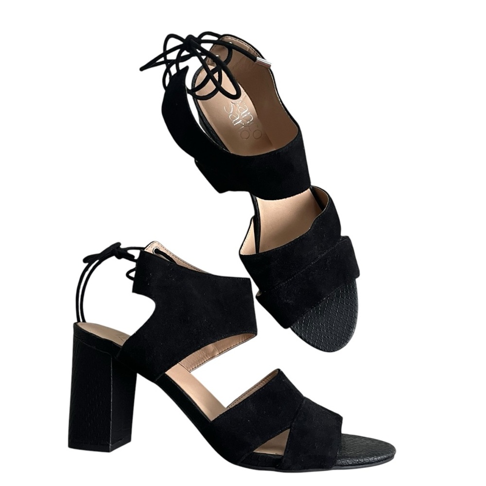 Franco Sarto Womens 9.5M Black Suede Leather Gem Lace-up Block Heel Dress Sandal